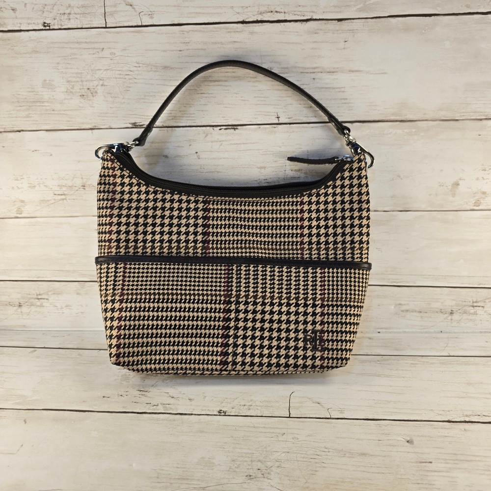 Y2K Lauren Ralph Lauren Houndstooth Hobo Bag Brown Burgundy Plaid Shoulder Purse